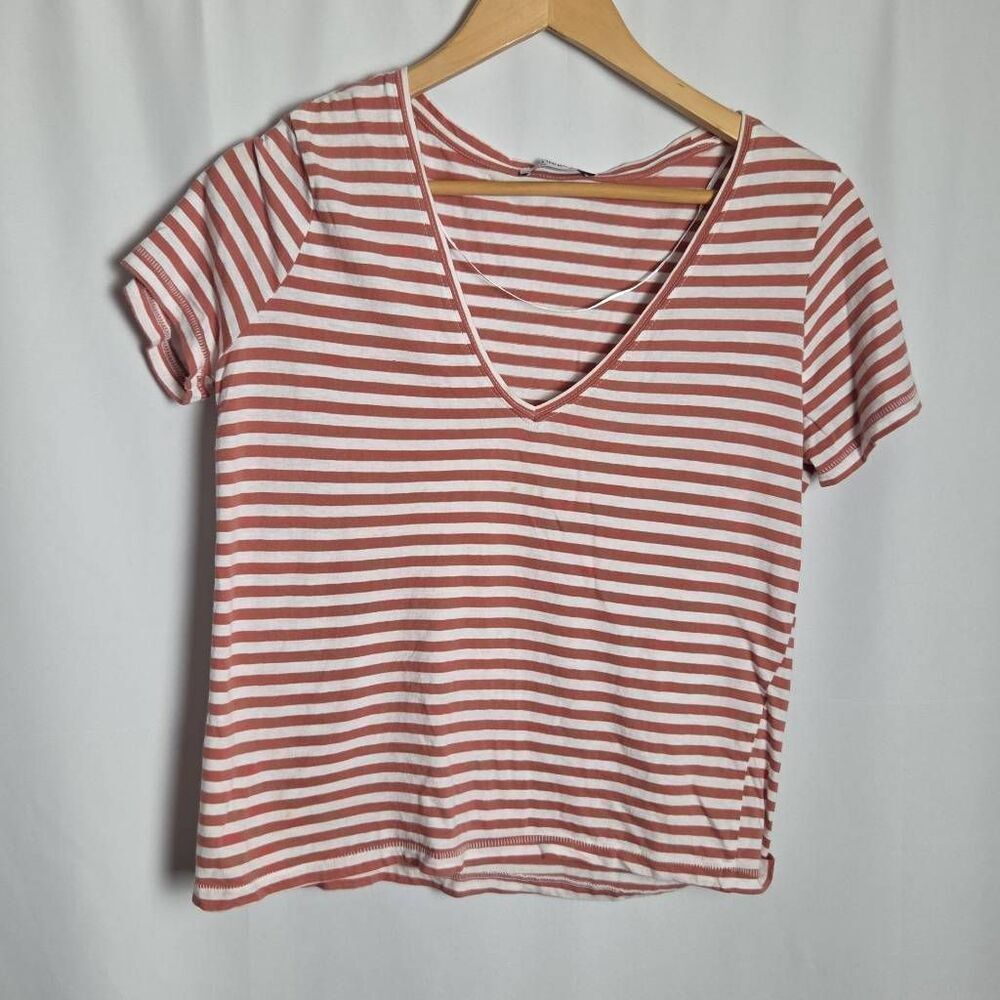 Zara Trafaluc T Shirt Top Womens Orange/ White Striped Knitted 100% Cotton Pullo